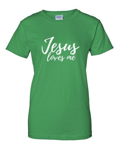Green Christian faith t-shirt for women with Jesus loves me white script design by Fresh Faith Designs