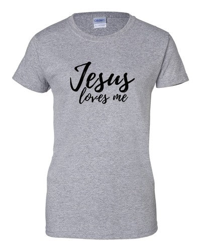 Fresh Faith Designs gray Christian faith t-shirt for women with Jesus loves me text