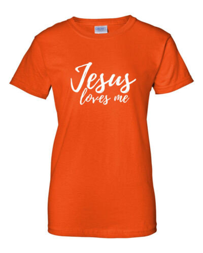 Fresh Faith Designs orange Christian faith t-shirt for women with Jesus loves me white text print