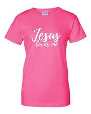 Pink Christian faith t-shirt for women with Jesus loves me script by Fresh Faith Designs