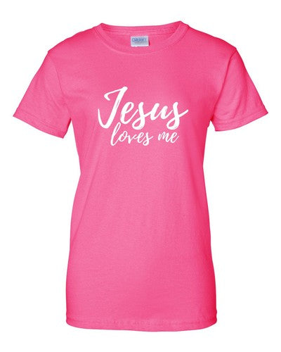 Pink Christian faith t-shirt for women with Jesus loves me script by Fresh Faith Designs