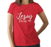 Christian faith t-shirt for women in red with white Jesus loves me text by Fresh Faith Designs