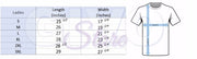 Christian faith t-shirt for women size chart showing length and width measurements from S to 3XL by Fresh Faith Designs