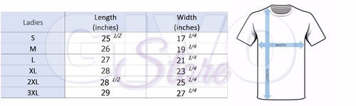 Christian faith t-shirt for women size chart showing length and width measurements from S to 3XL by Fresh Faith Designs