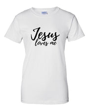Fresh Faith Designs white Christian faith t-shirt for women with Jesus loves me text