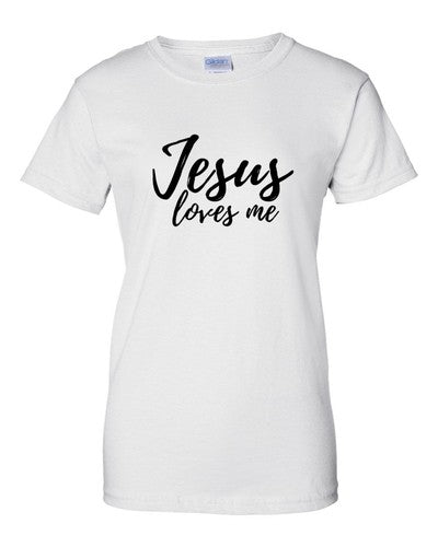 Fresh Faith Designs white Christian faith t-shirt for women with Jesus loves me text