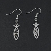 Silver Christian fish earrings with JESUS cutout design by Fresh Faith Designs on black background