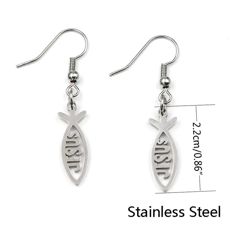 Fresh Faith Designs stainless steel Christian fish earrings with Jesus cutout and hook style