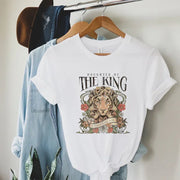 Fresh Faith Designs Christian graphic tee for women white shirt with lion and Bible verse design