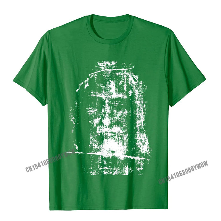Green Christian Graphic Tee featuring a distressed white cross design on the front