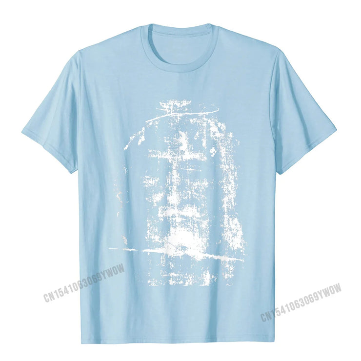 Light blue Christian Graphic Tee with a distressed white cross design on the front by Fresh Faith Designs