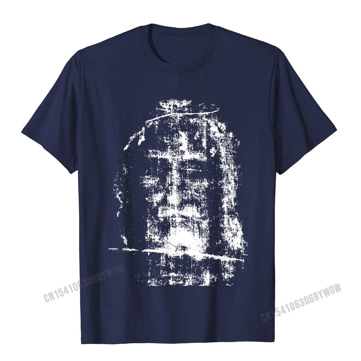 Navy blue Christian Graphic Tee with distressed white cross design from Fresh Faith Designs