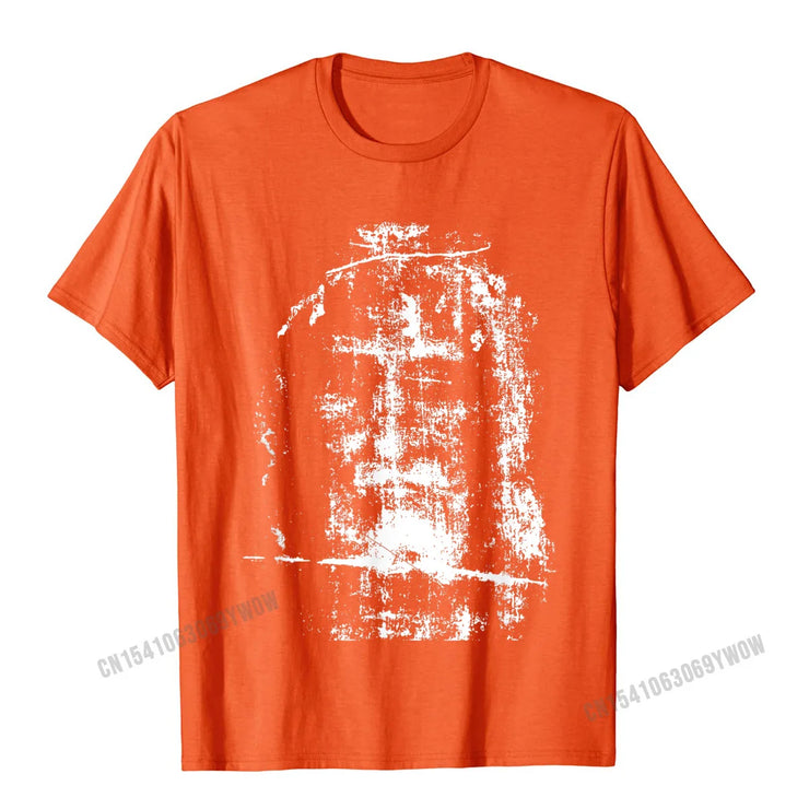 Orange Christian Graphic Tee with distressed white Jesus face design by Fresh Faith Designs