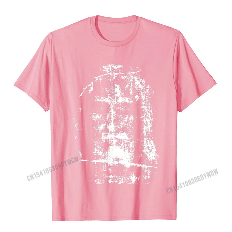 Pink Christian Graphic Tee with white distressed religious face design from Fresh Faith Designs
