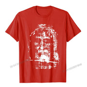 Red Christian Graphic Tee with distressed white religious design by Fresh Faith Designs