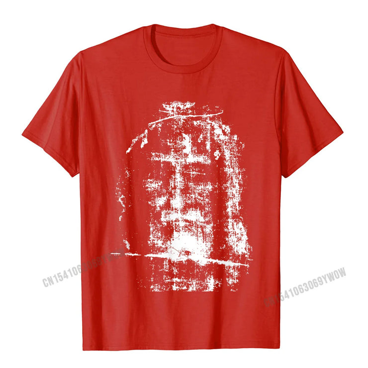 Red Christian Graphic Tee with distressed white religious design by Fresh Faith Designs