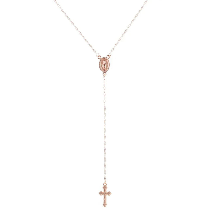 Rose gold religious necklace with cross pendant and medallion Christian jewelry gifts for women