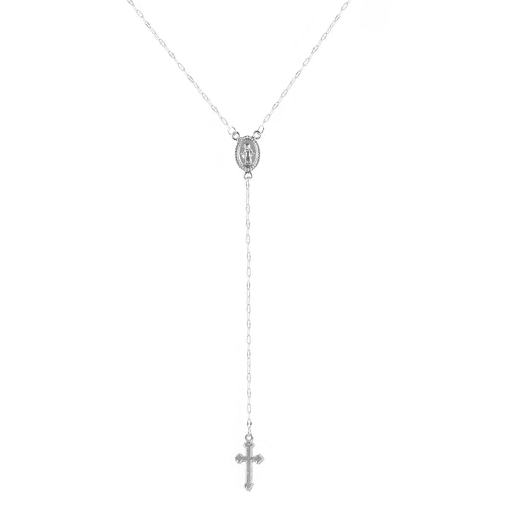 Silver rosary-style necklace with cross pendant and medallion Christian jewelry gifts for women