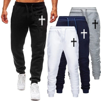 Fresh Faith Designs Christian jogging pants in black white navy and gray with cross and believe print