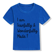 Blue Christian kids t-shirt with I am fearfully and wonderfully made text and cross design