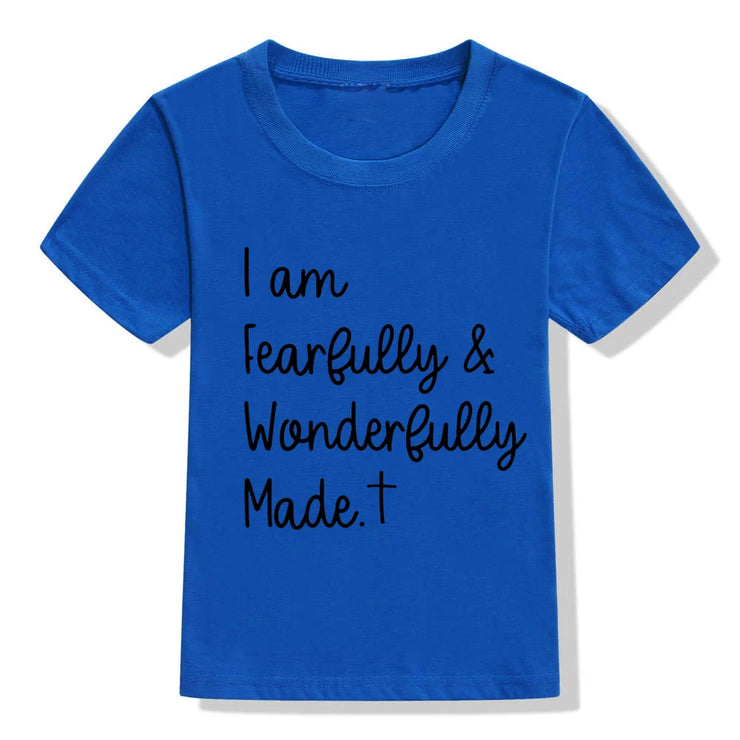 Blue Christian kids t-shirt with I am fearfully and wonderfully made text from Fresh Faith Designs
