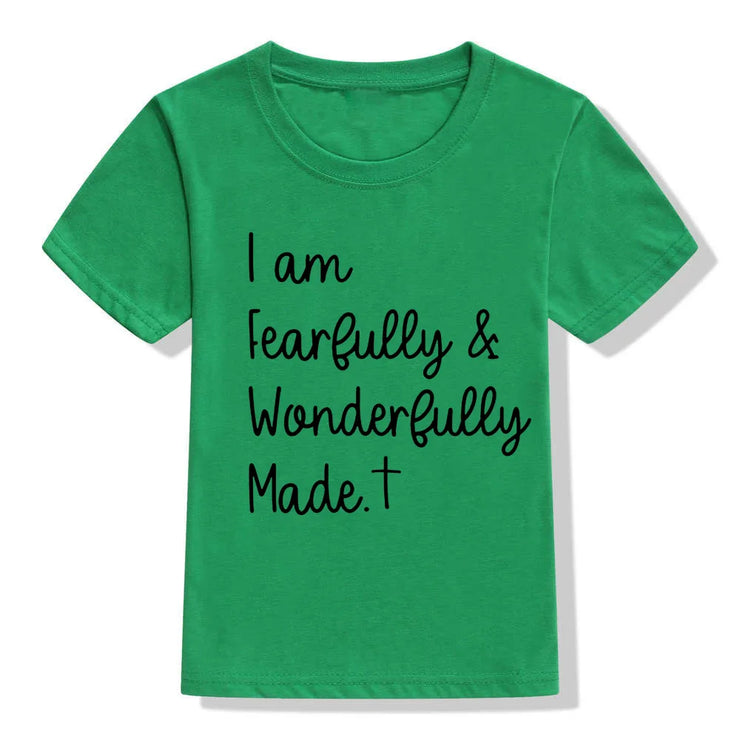 Green Christian kids t-shirt with I am Fearfully and Wonderfully Made text and cross graphic