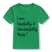 Green Christian kids t-shirt with I am Fearfully and Wonderfully Made text and cross design
