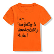 Orange Christian kids t-shirt with I am Fearfully and Wonderfully Made scripture design