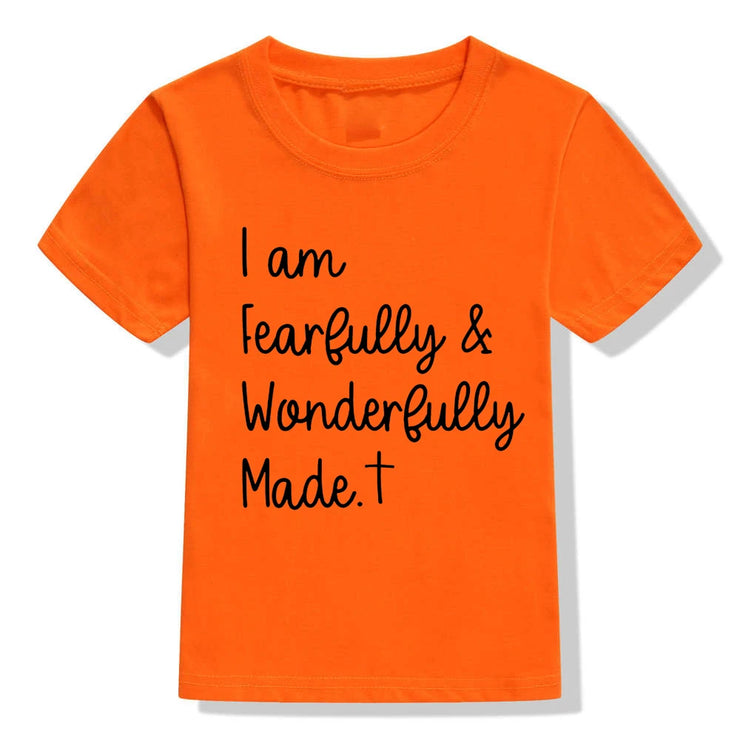 Orange Christian kids t-shirt with I am Fearfully and Wonderfully Made scripture design