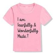 Pink Christian kids t-shirt with I am Fearfully and Wonderfully Made text design