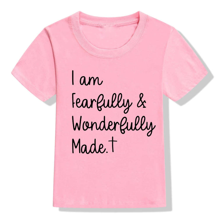 Pink Christian kids t-shirt with I am Fearfully and Wonderfully Made text design