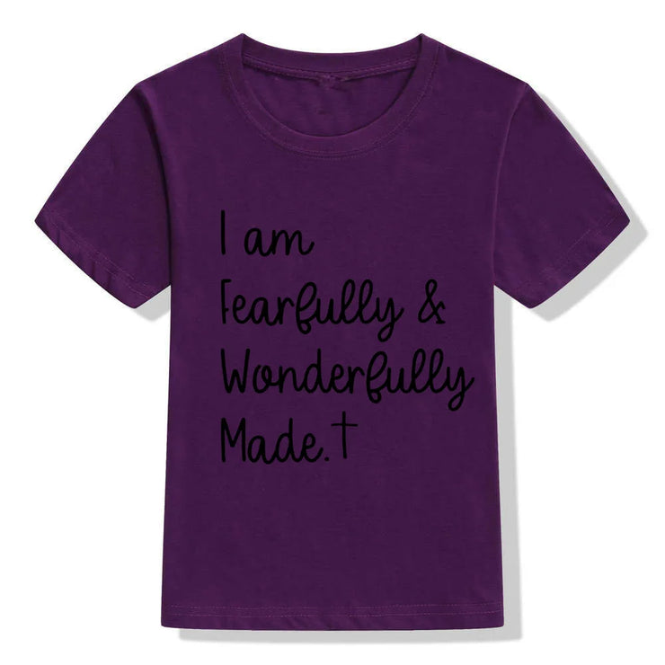 Purple Christian kids t-shirt with I am Fearfully and Wonderfully Made text and cross design