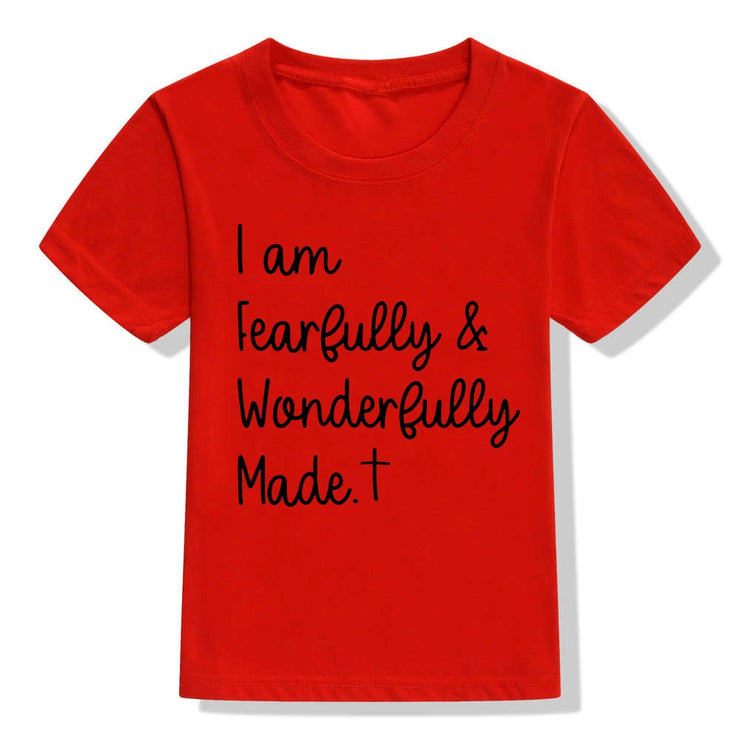 Red Christian kids t-shirt with I am fearfully and wonderfully made printed in black script