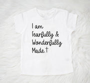 White Christian kids t-shirt with I am Fearfully and Wonderfully Made text and cross design