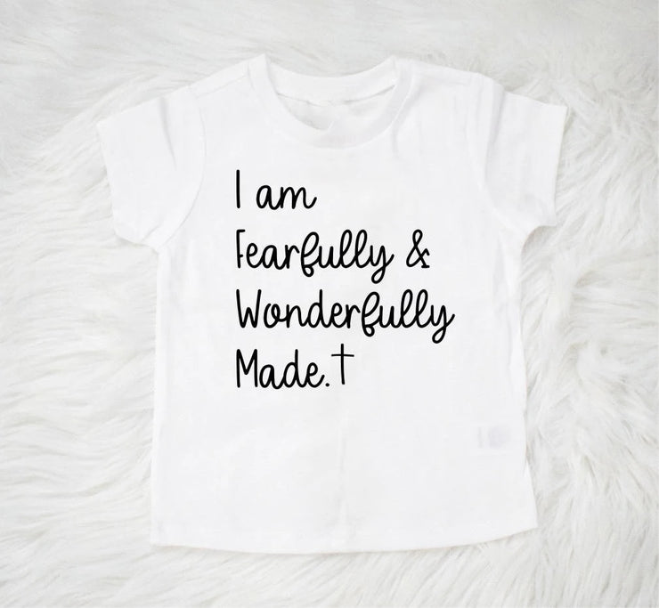 White Christian kids t-shirt with I am Fearfully and Wonderfully Made text and cross design