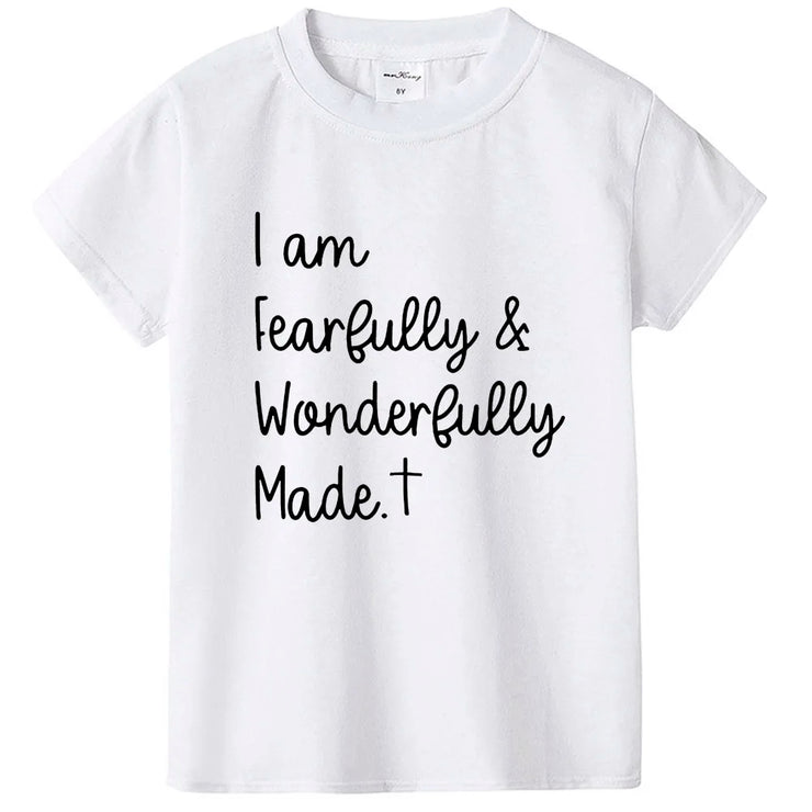 White Christian kids t-shirt with I am Fearfully and Wonderfully Made quote and cross design