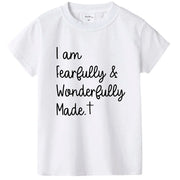 White Christian kids t-shirt with I am Fearfully and Wonderfully Made text and a small cross