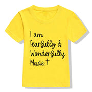 Yellow Christian kids t-shirt with I am fearfully and wonderfully made text and cross design