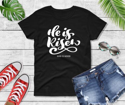 Black t-shirt with He is Risen design and God is Good text for Christian seasonal clothing