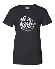 Black Christian seasonal clothing t-shirt with He is Risen God is Good white script design
