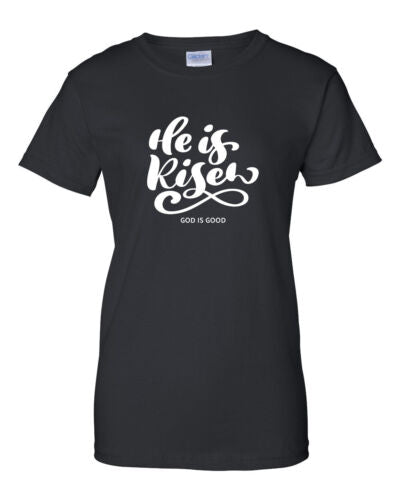 Black Christian seasonal clothing t-shirt with He is Risen God is Good white script design