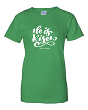 Green t-shirt with He is Risen and God is Good design Christian seasonal clothing by Fresh Faith Designs