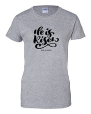 Fresh Faith Designs grey t-shirt with He is Risen scripture design Christian seasonal clothing