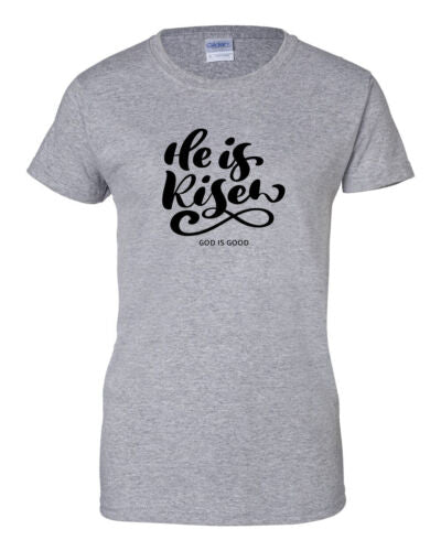 Fresh Faith Designs grey t-shirt with He is Risen scripture design Christian seasonal clothing