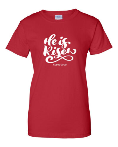 Red women's t-shirt with He is Risen and God is Good design Christian seasonal clothing
