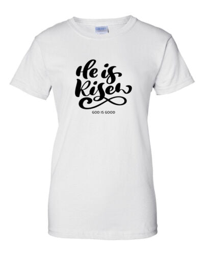White Fresh Faith Designs t-shirt with He is Risen black lettering for Christian seasonal clothing