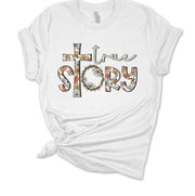 White t-shirt with floral cross and wreath design spelling true story Christian seasonal clothing