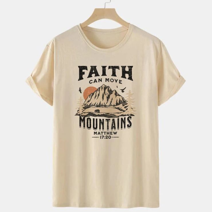 Fresh Faith Designs beige Christian women's graphic tee with Faith can move mountains design and Bible verse Matthew 17:20