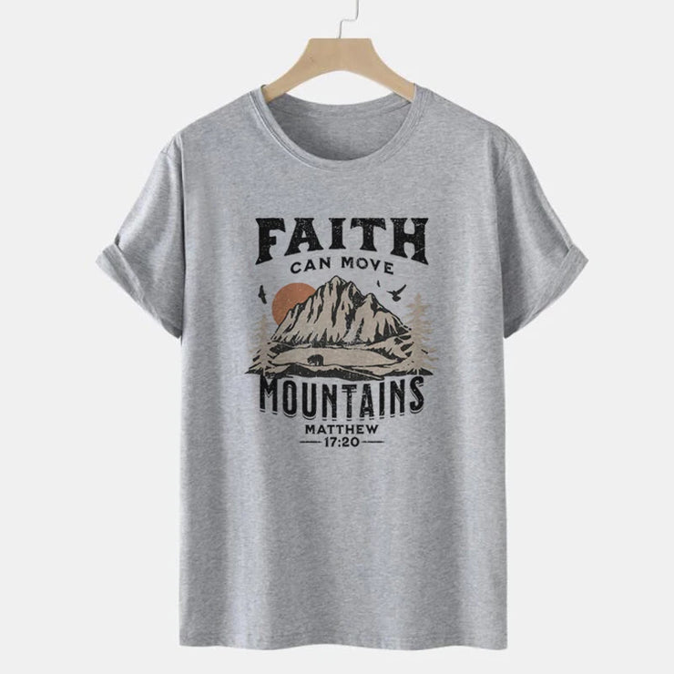 Gray Christian women's graphic tee with Faith can move mountains design and Matthew 17:20 scripture