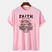 Pink Christian women's graphic tee with Faith can move mountains design and Matthew 17:20 scripture